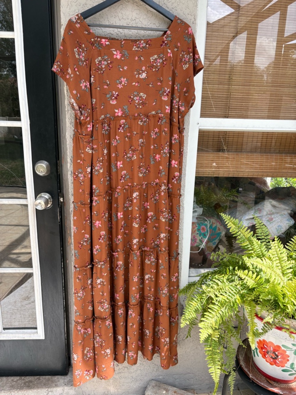 NATURAL LIFE Rust Floral Tiered Maxi Dress with Pink Accents